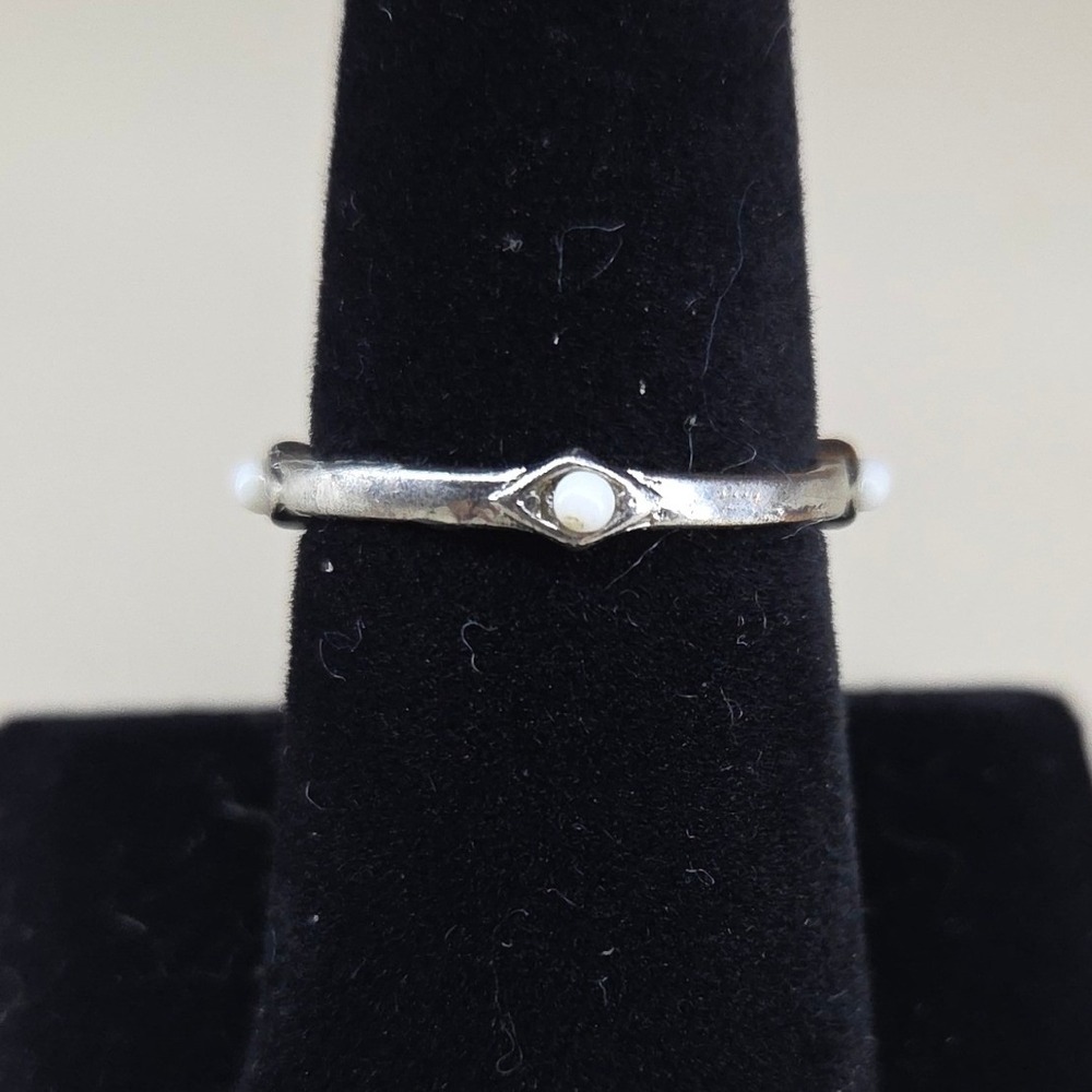 Silver Tone Minimalist Stackable Band Ring with White Accents Size 8.5